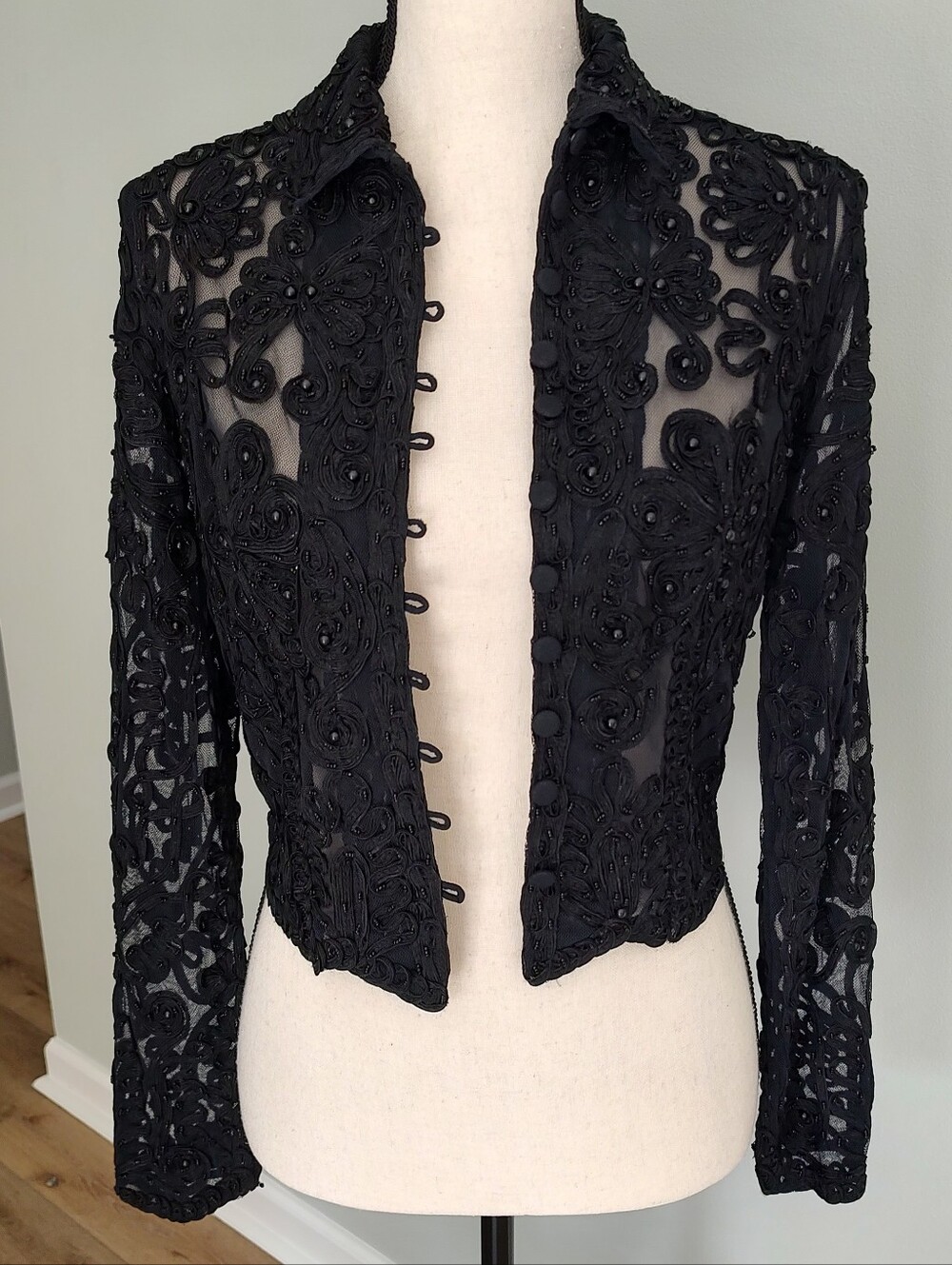90s Vintage Cache Beaded Mesh Top Jacket Ribbon Black Whimsigoth Cropped L - Picture 5 of 8